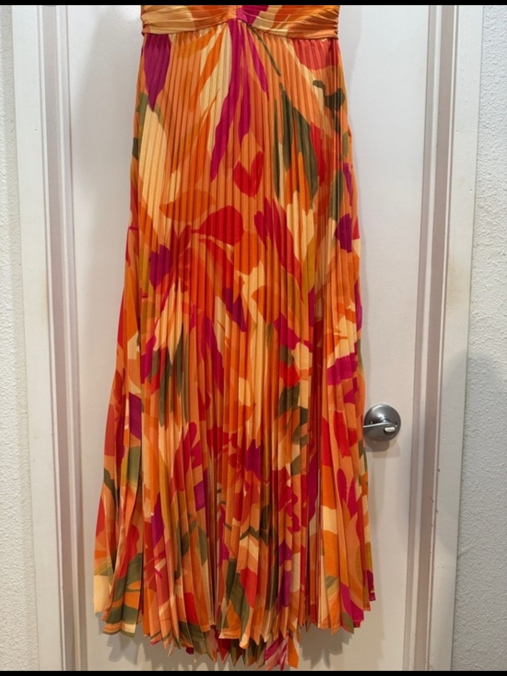 Astr Blythe Orange Floral Pleated Midi Dress with Pink & Green Accents - Picture 3 of 6